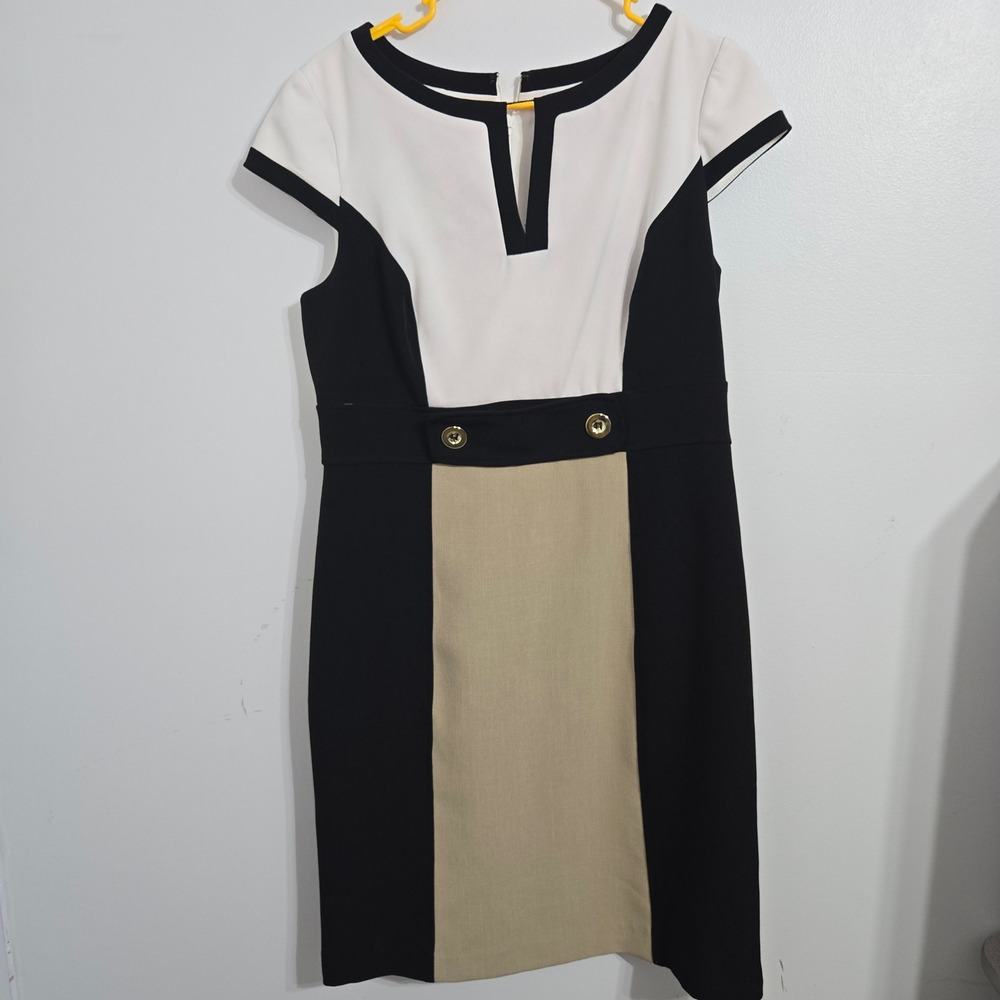 M#101‎ Dressbarn Women's Dress Size 12 Black White Beige Colorblock Career Work